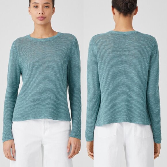 Eileen Fisher Teal Organic Linen Cotton Crew Neck Knit Sweater - Picture 1 of 12